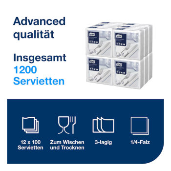 Preview: Tork Soft Dinnerservietten uni, 1/4 Falz, 3-lagig, 39 x 39 cm, weiss