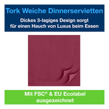 Preview: Tork Soft Dinnerservietten uni, 1/4 Falz, 3-lagig, 39 x 39 cm, bordeaux