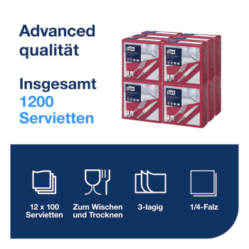 Preview: Tork Soft Dinnerservietten uni, 1/4 Falz, 3-lagig, 39 x 39 cm, bordeaux