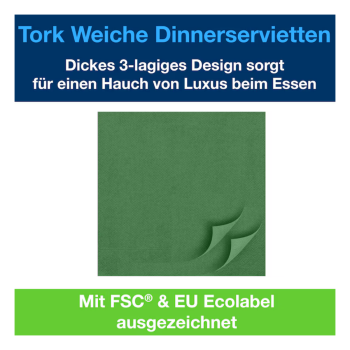 Preview: Tork Soft Dinnerservietten uni, 1/4 Falz, 3-lagig, 39 x 39 cm, dunkelgrün