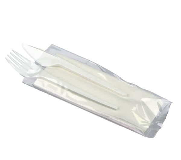 Besteck-Set 3-teilig, Messer, Gabel, Serviette, weiss