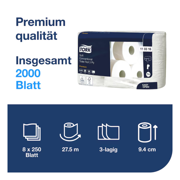 Tork weiches Kleinrollen Toilettenpapier T4, 3-lagig, Zellstoff, weiss